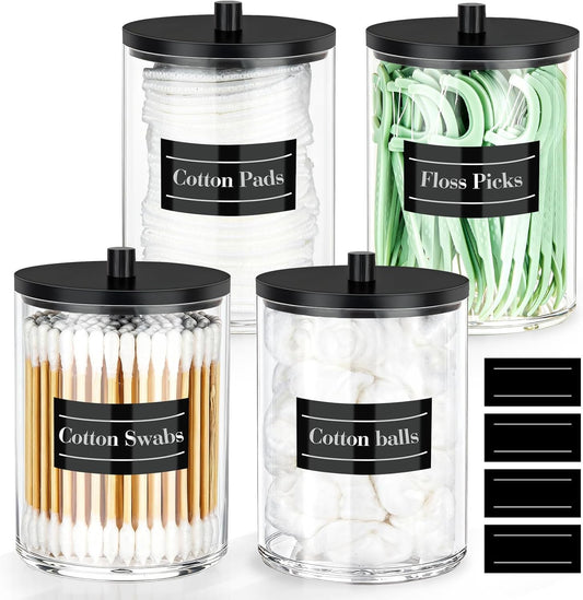 Skiennix Acrylic Qtip Holder Set - 4 Pack Clear Bathroom Canisters with Labels for Organized Vanity Storage