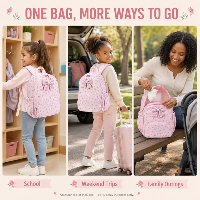 Preschool Backpack for Girls - Pink Floral Bow Kindergarten Bookbag (Variation: Pink Bow)