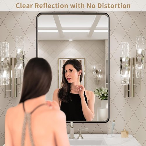 LOAAO Black Metal Framed Bathroom Mirror - Large Rounded Rectangle, Anti-Rust, 20x30 Inch | Hangs Horizontally or Vertically