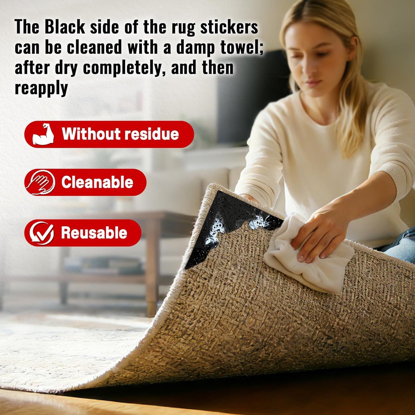 Skiennix Non-Slip Rug Grippers - Reusable Carpet Corner Stickers for Hardwood & Tile Floors | 8 Pack