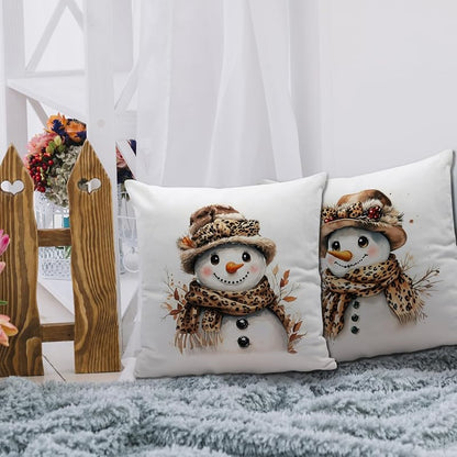 Leopard Snowman Pillow Covers 18x18 (Set of 2) - Xmas Rustic Decor, Flannel