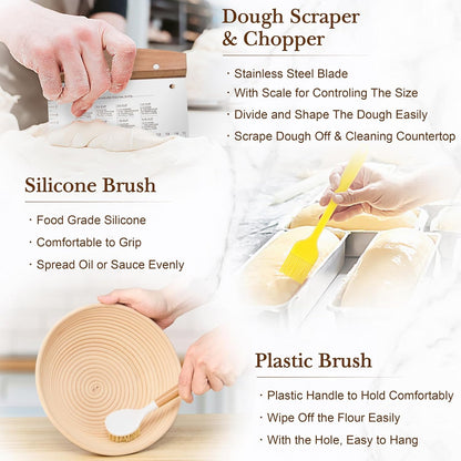 TeamFar Sourdough Bread Baking Kit - 9” Round & 10” Oval Proofing Baskets with Cloth Liner & Tools