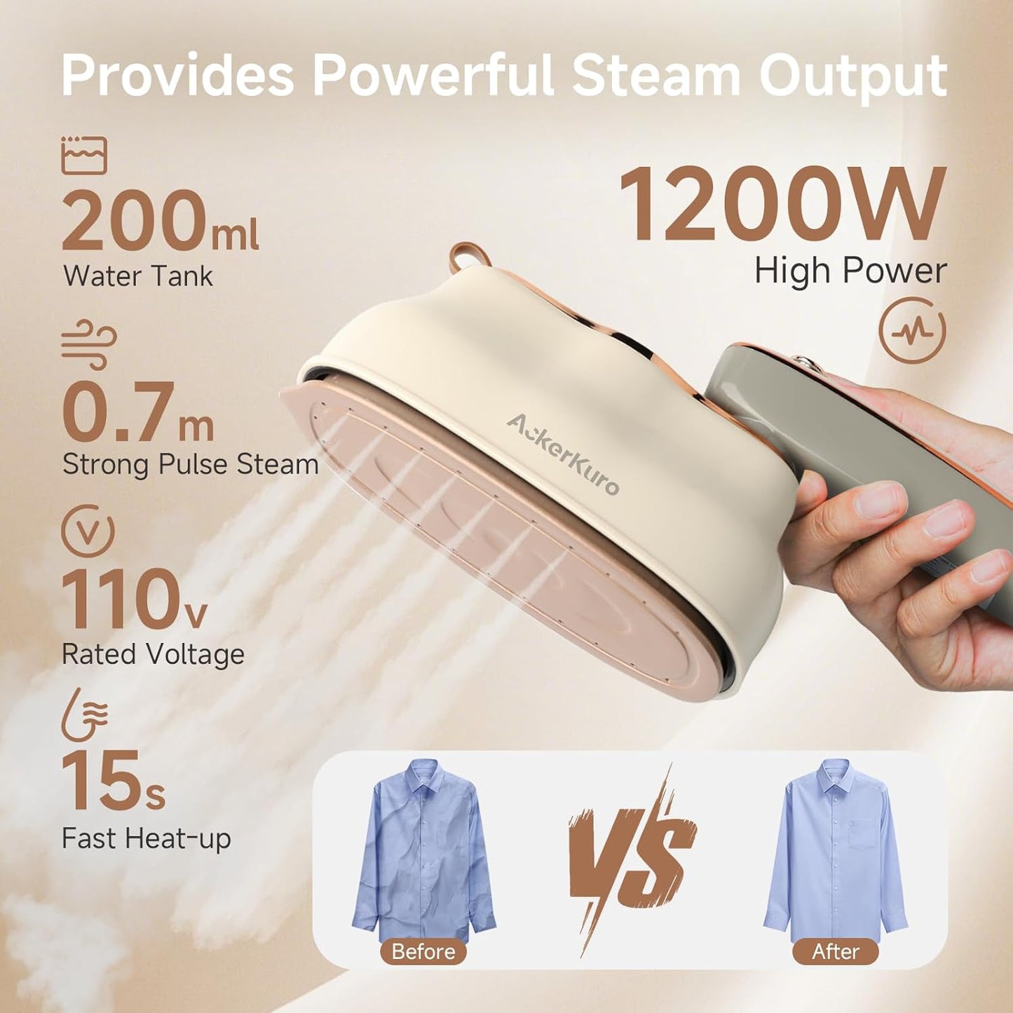 Skiennix Portable Handheld Clothes Steamer - 1200W Quick Heat-Up, 200ml Tank, 3 Modes, Beige