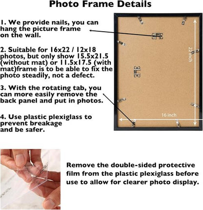 JCJMY 16x22 Picture Frame - Wall Hanging Display for 12x18 Photos with Mat or 16x22 Without Mat, Black