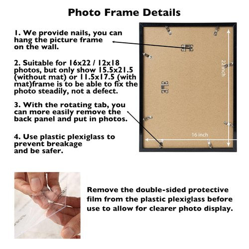 JCJMY 16x22 Picture Frame with 12x18 Mat, Display Photo 12x18 with Mat or 16 x 22 Without Mat, Wall Hanging Large 16 by 22 Poster Frame with Plexiglass, Black