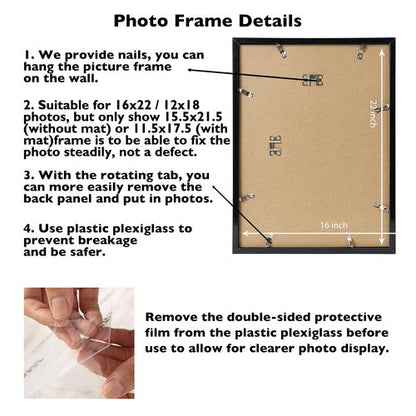 JCJMY 16x22 Picture Frame with 12x18 Mat, Display Photo 12x18 with Mat or 16 x 22 Without Mat, Wall Hanging Large 16 by 22 Poster Frame with Plexiglass, Black