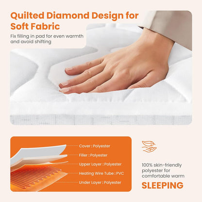 Sweetcrispy Heated Mattress Pad - Twin Size (75×39″) | Quilted Electric Bed Warmer with 12 Heat Settings & Auto Shut-Off - White