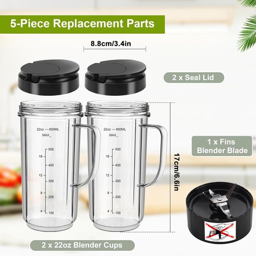 Magic Bullet Blender Cups - 22oz Tall Replacement Cups with Flip Top Lid & Cross Blade | 2 Pack