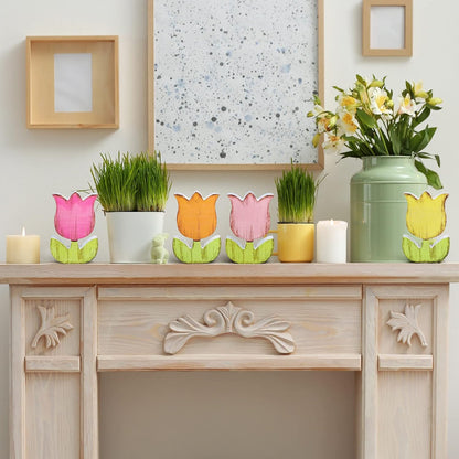 Whaline Spring Tulips Wood Signs - Rustic Floral Table Decor for Farmhouse Centerpieces | 4-Piece Set