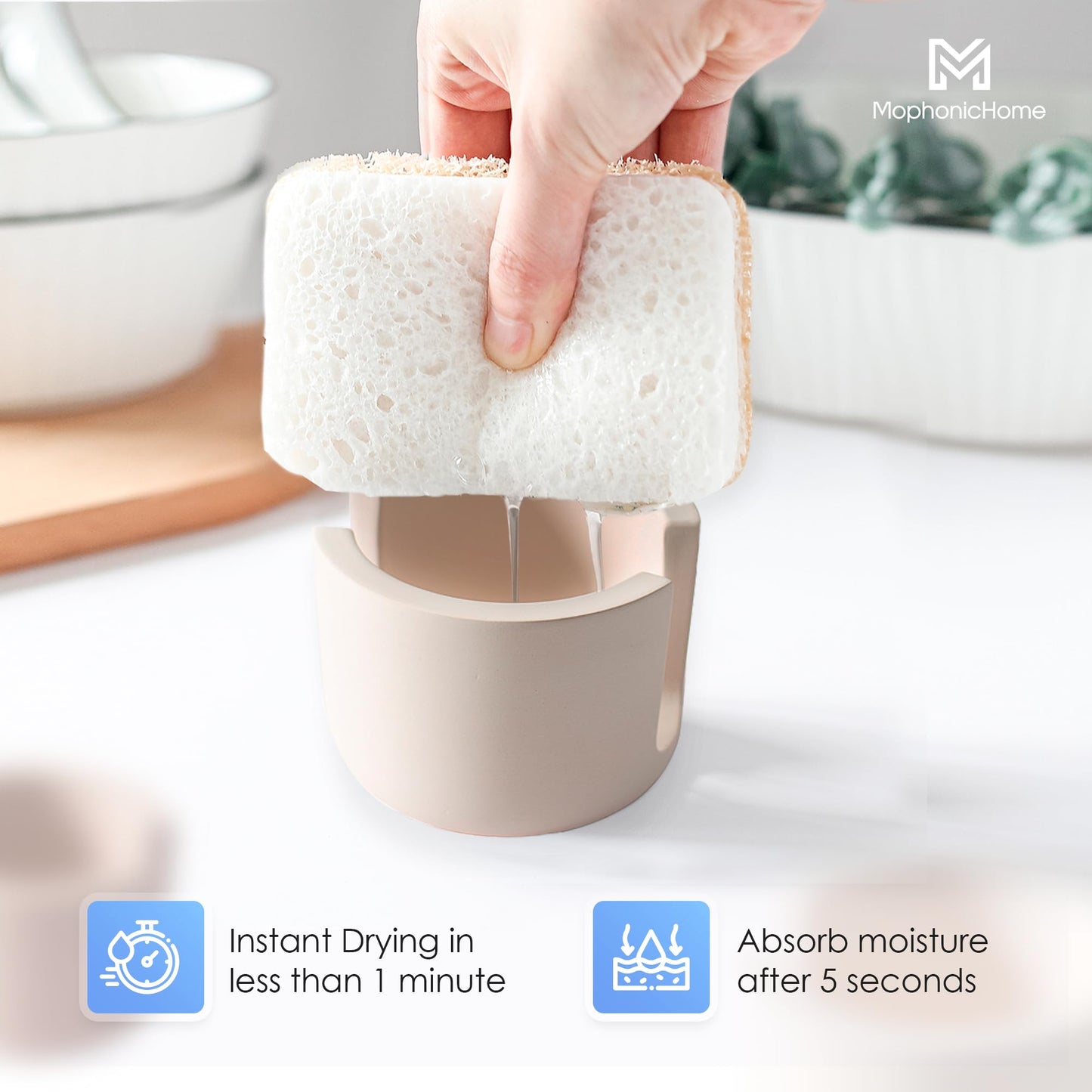 MOPHONICHOME Diatomite Sponge Holder For Kitchen Sink, Ultra Absorbent Stone Drying Caddy - Quick Drying Stone Sponge Holder, Diatomaceous Earth Sponge Holder (3.14x2.75x2.36 inches, Cream)