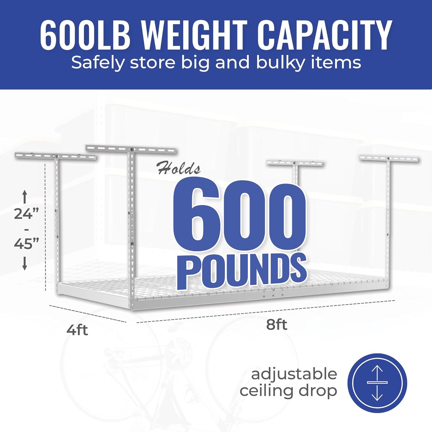 SafeRacks Overhead Storage Rack - Adjustable 4 ft x 8 ft | 24 in - 45 in Height, White with 5-Piece Hook Set