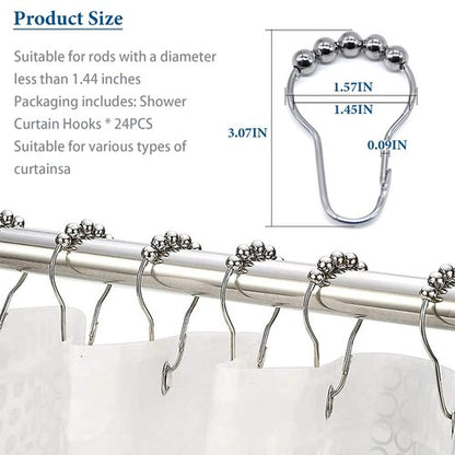 Consss 24PCS Stainless Steel Shower Curtain Hooks Rust Proof, Shower Curtain Rings Polished Nickel, Heavy Curtain Rod Rings for Bathroom, Durable Bathroom Decor Hooks Chrome Silver