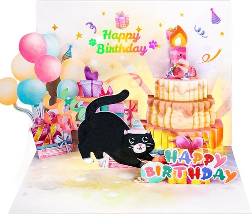 FITMITE Cute Cat Birthday Card - Pop-Up Design with Music, Lights & Blowable Candle | Perfect Gift for Cat Lovers