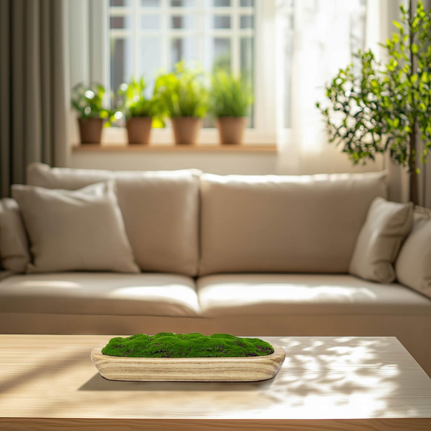 NAHARO Moss Wood Bowl,Natural Oblong Decorative Dough Bowl, Artificial Moss Bowl Centerpiece for Wedding Table Centerpiece, Home Decoration, Living Room, Office, No Maintenance