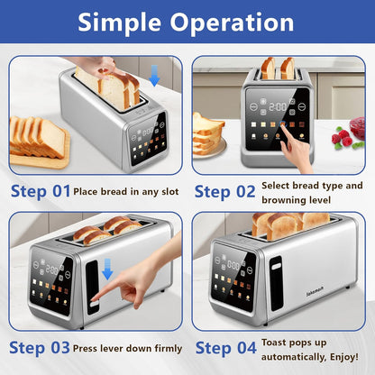 Smart Toaster 4 Slice - Touch Screen Digital Toaster with 6 Browning Levels & Extra Wide Slots | 1400W Stainless Steel