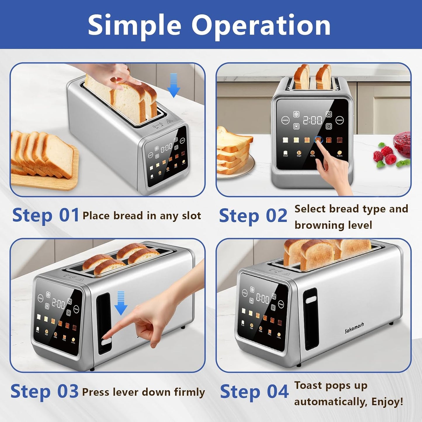 SAKAMOSH 4-Slice Smart Toaster - Touch Screen, 6 Browning Levels, Extra Wide Slots, Stainless Steel
