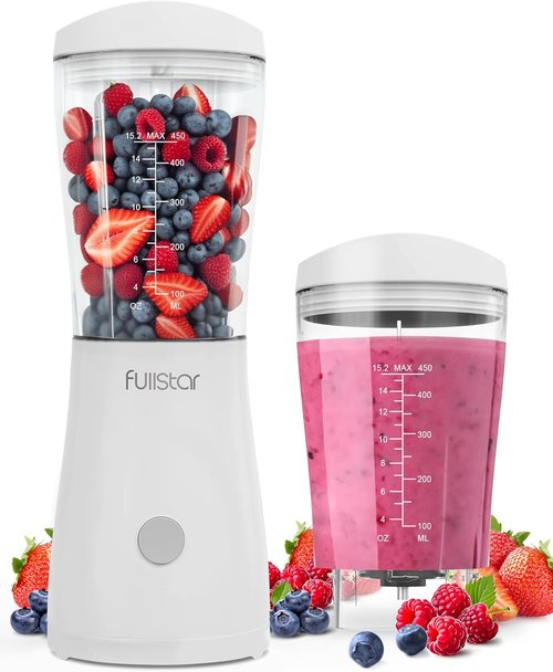 Fullstar Portable Blender - 15 oz Mini Smoothie Maker with Sipper Lid | Compact Travel Blender for Home & Office (White)