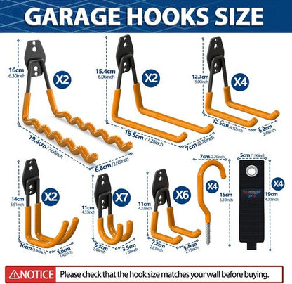 Heavy Duty 31-Pack Garage Wall Hooks | Anti-Slip Steel Storage for Ladders & Yard Tools - Orange