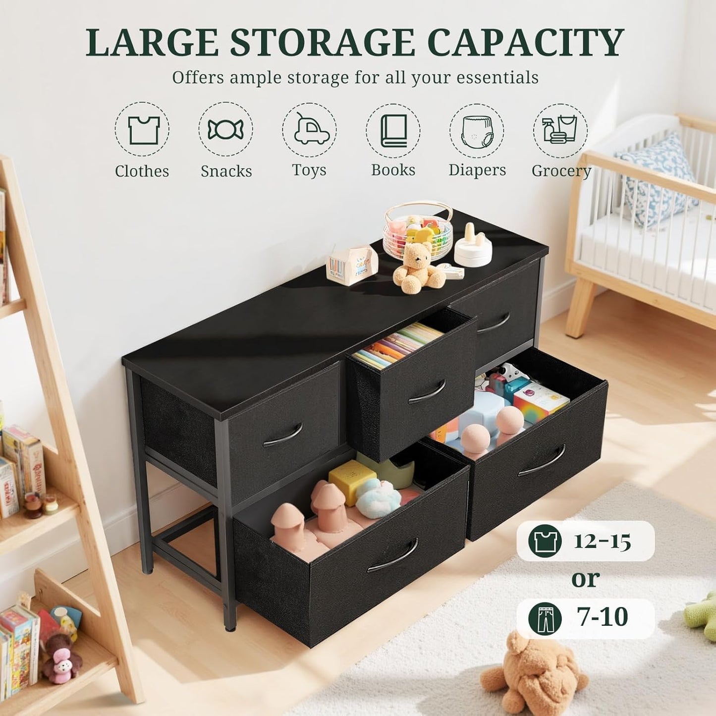 5-Drawer Dresser by [Brand Name] - Anti-Tip Fabric Storage Organizer with Wooden Top | Black
