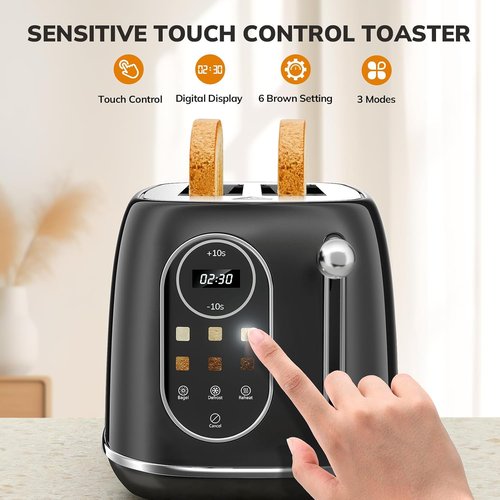 Keenstone Smart Touch Screen Toaster - 2 Slice Retro Stainless Steel with 6 Browning Levels | Black