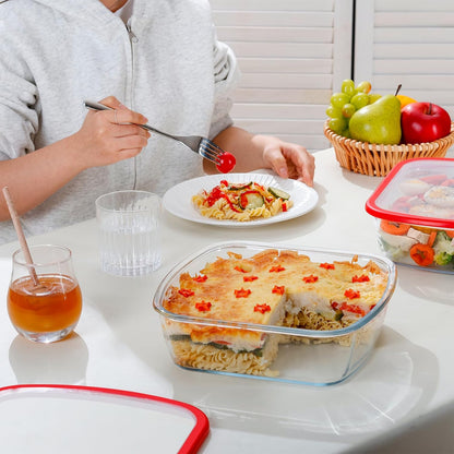 NUTRIUPS 9x9 Square Glass Baking Dish Set - Large 2.75QT Oven Safe with Lid | Red, 2 Pack
