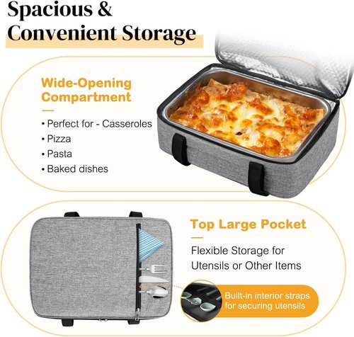 Coobiiya Insulated Casserole Carrier - Keeps Food Hot or Cold | Portable Tote for 9" x 13" Dishes - Grey