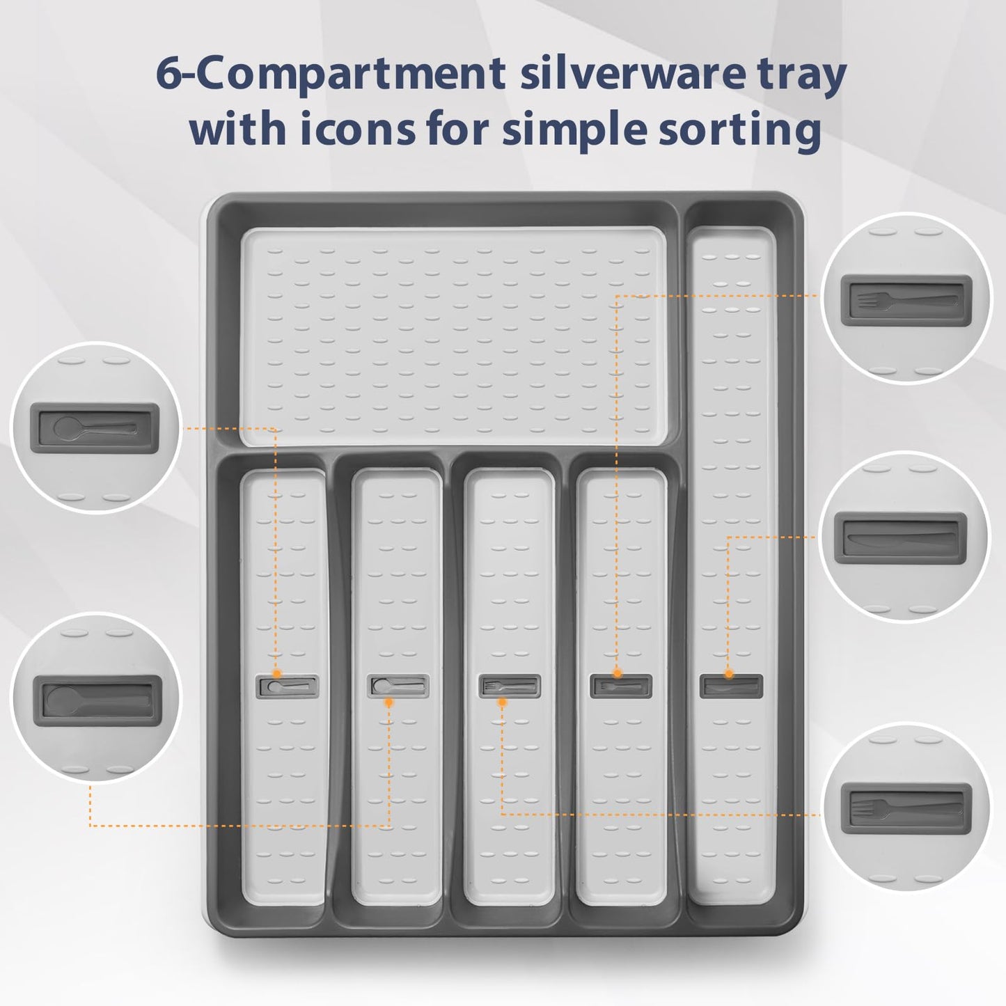 CherHome Silverware Organizer with Cutlery Icons，Silverware Tray for Kitchen Drawer，Plastic Flatware Tableware Silverware Drawer Organizer Utensil Organizer with Non-slip TPR Linings，6-Compartment