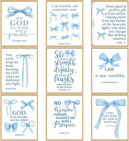 Chiisong Blue Bow Wall Art Decor - 9 Inspirational Bible Verse Poster Prints | 14 x 11'' Unframed for Girly Aesthetic Room