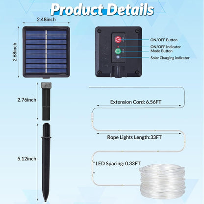 Skiennix Solar Rope Lights - 33FT 100 LED Fairy Lights with 8 Modes | IP65 Waterproof for Outdoor Decor
