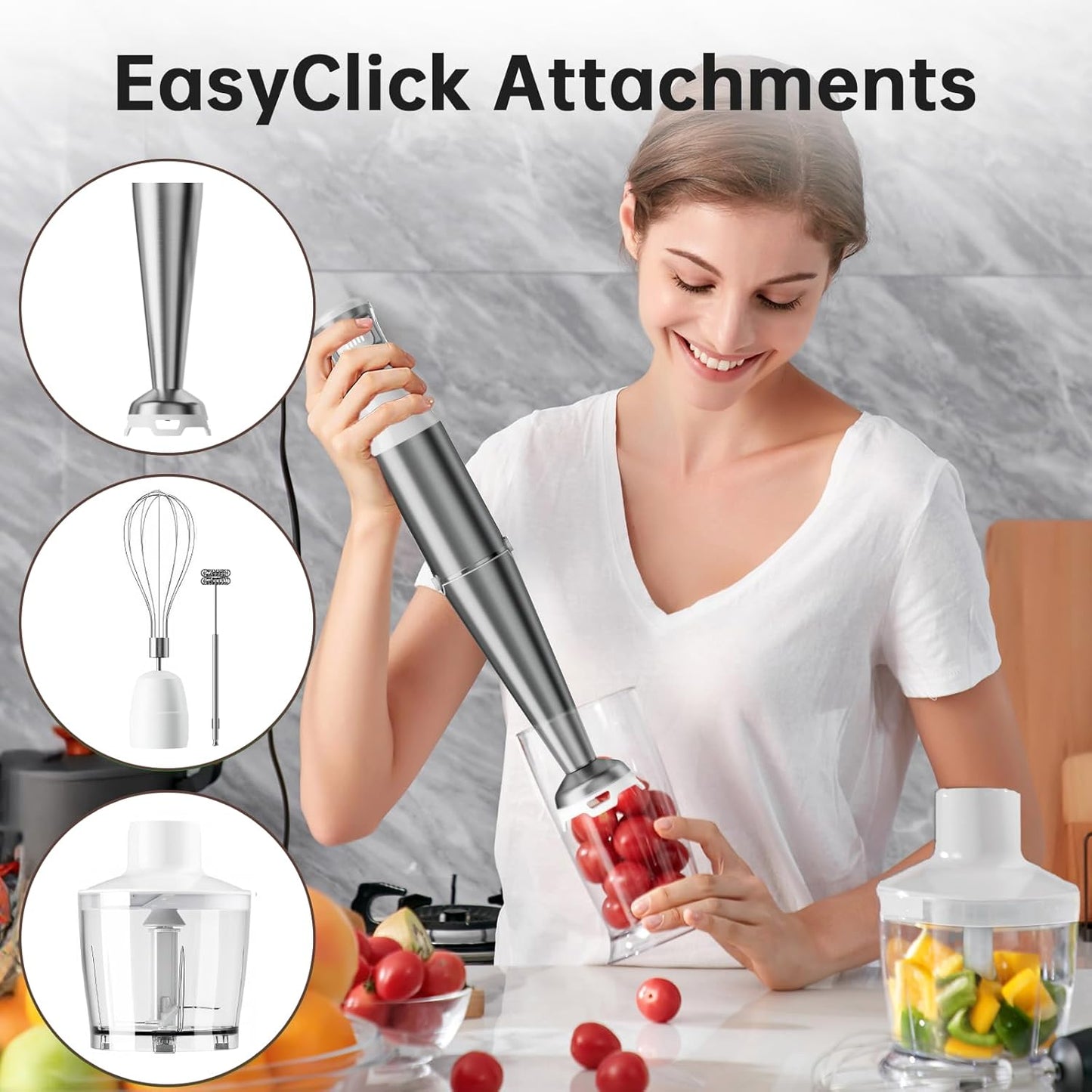 Skiennix Immersion Blender - 1100W Handheld Stick Blender with Variable Speed, Chopper & Whisk - White