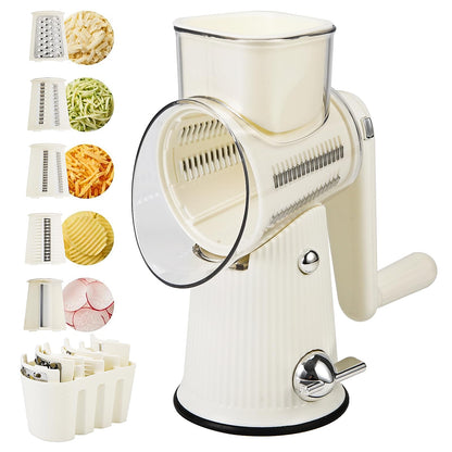 PDAENLKY Rotary Cheese Grater with Handle, 5-in-1 Cheese Grater Hand Crank, Strong Suction Base, White
