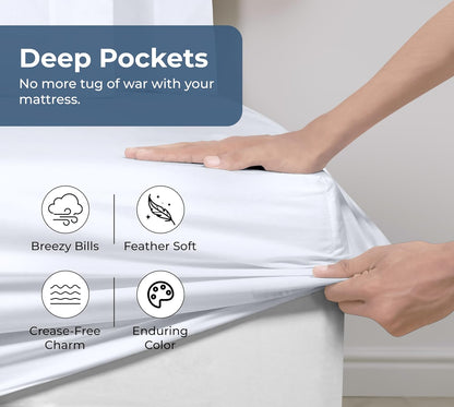 Royale Linens Organic Cotton Fitted Sheet - Super Soft Percale Weave - Queen Size (60"x80"+15") - White