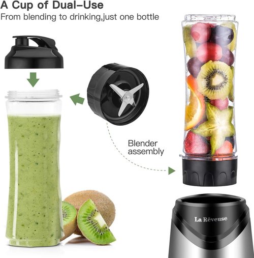 La Reveuse Smoothies Blender - 300 Watts Personal Size with 18 oz BPA-Free Travel Bottle | Silver