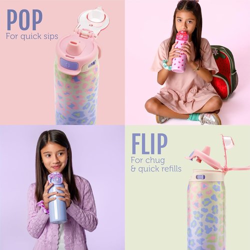 Ello Pop & Fill 18oz Stainless Steel Kids Water Bottle - Quick Fill Lid, Vacuum Insulated, BPA Free, Leak Proof, Dishwasher Safe | Perfect Gift for Kids & Teens, Strawberries
