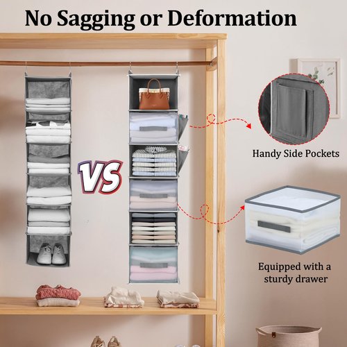 BIEBOS 6-Tier Hanging Closet Organizer with 3 Drawers and Side Pockets – Multi-Functional Storage for Shoes, Belts, Purses, and Clothing