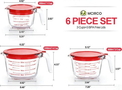 M MCIRCO Glass Measuring Cups Set - 6 Pcs with Lids | 1-Cup, 2-Cup, 4-Cup Nesting Jugs for Kitchen