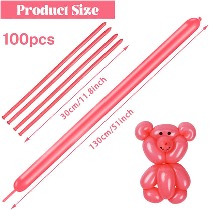 Skiennix 260 Long Balloons - 100 Pack Pastel Red Thick Latex for Twisting Animal Models | Perfect for Weddings & Parties