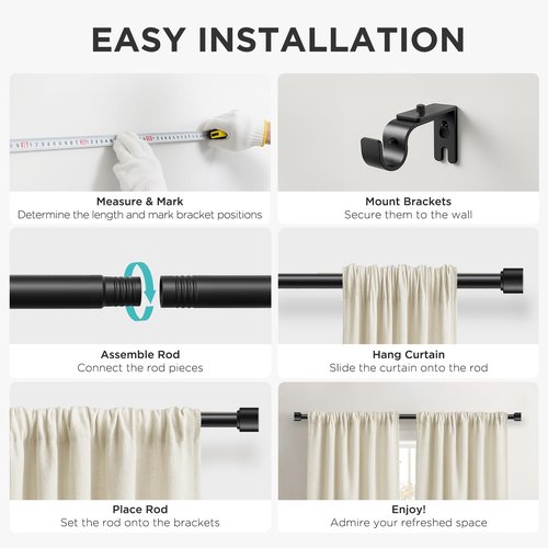 Joydeco Black Curtain Rods for Windows 32-120 Inch, 1 Inch Diameter Heavy Duty Adjustable Curtain Rods for Bedroom, Kitchen, Sliding Glass Door