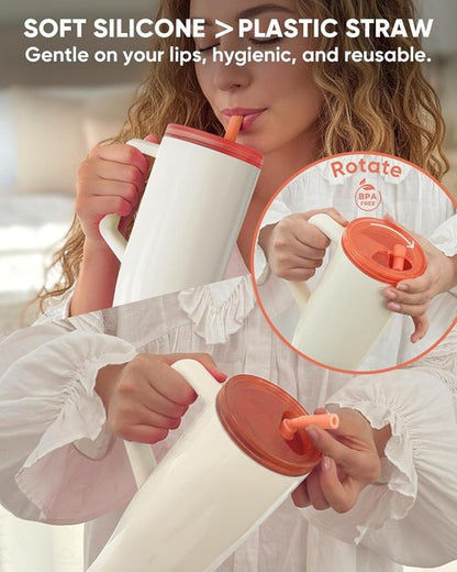 KISSKIND 40 oz Lumispin Tumbler - Insulated, 100% Leak Proof Water Cup with Handle | Velvety Cream
