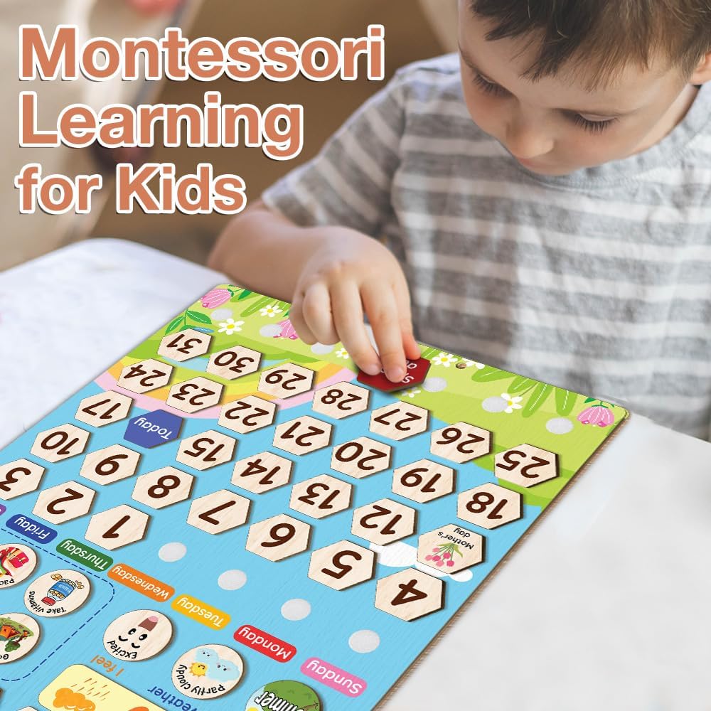 Skiennix Interactive Wooden Calendar for Kids Ages 3+ | Teach Seasons & Days | 12 x 15 Inches