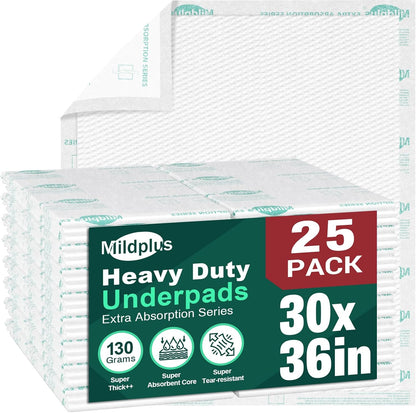 MILDPLUS Heavy Duty Underpads - Ultra Absorbent 30" x 36" Disposable Bed Pads | 25 Count, Tear-Resistant for Incontinence