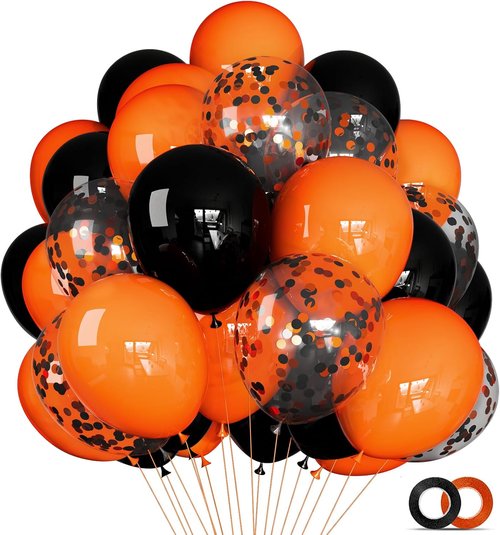 68Pcs Black and Orange Balloons | 12-Inch Latex Set with Confetti Ribbons for Halloween & Graduation Decor