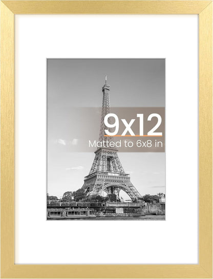 Upsimples 9x12 Picture Frame - Elegant Gold Design for 6x8 Photos with Mat or 9x12 Without | Wall Hanging Display
