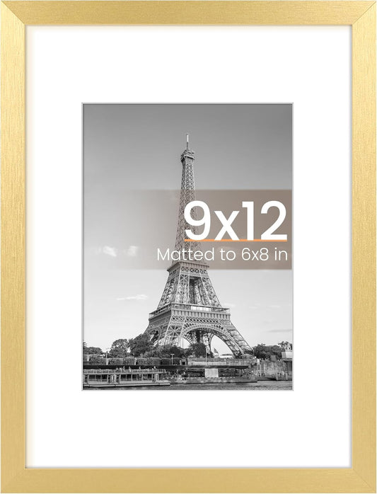 Upsimples 9x12 Picture Frame - Elegant Gold Design for 6x8 Photos with Mat or 9x12 Without | Wall Hanging Display