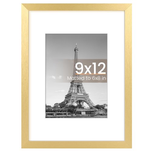 upsimples 9x12 Picture Frame, Display Pictures 6x8 with Mat or 9 x 12 Without, Wall Hanging Photo Frames, Gold, 1 Pack