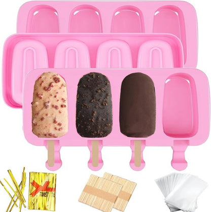 BZIDII Silicone Popsicle Molds Set - 3 Large Oval Molds with 100 Wooden Sticks & Bags | Pink