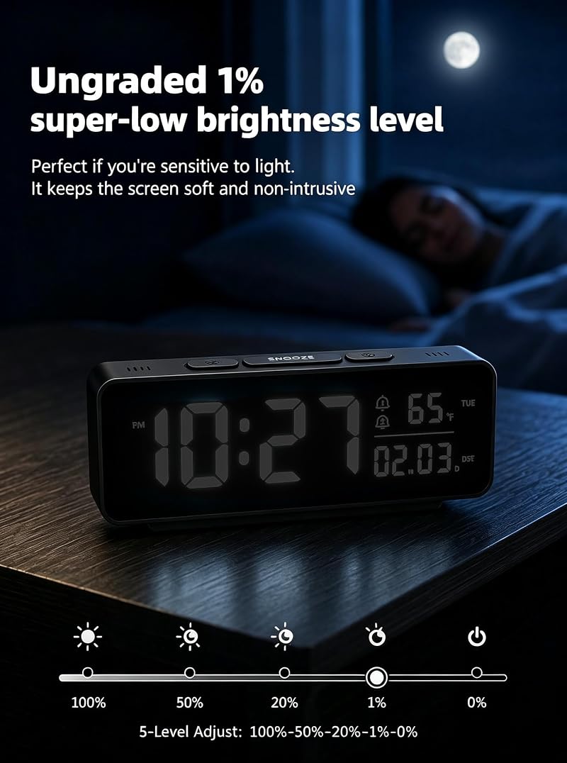Digital Alarm Clock with RGB LED Light, Large Display, Dual Alarm, Temperature & Date
