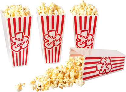 Retro Style Plastic Popcorn Containers - Red & White Striped Reusable Boxes for Movie Night | 4 Pack (4”x8”)