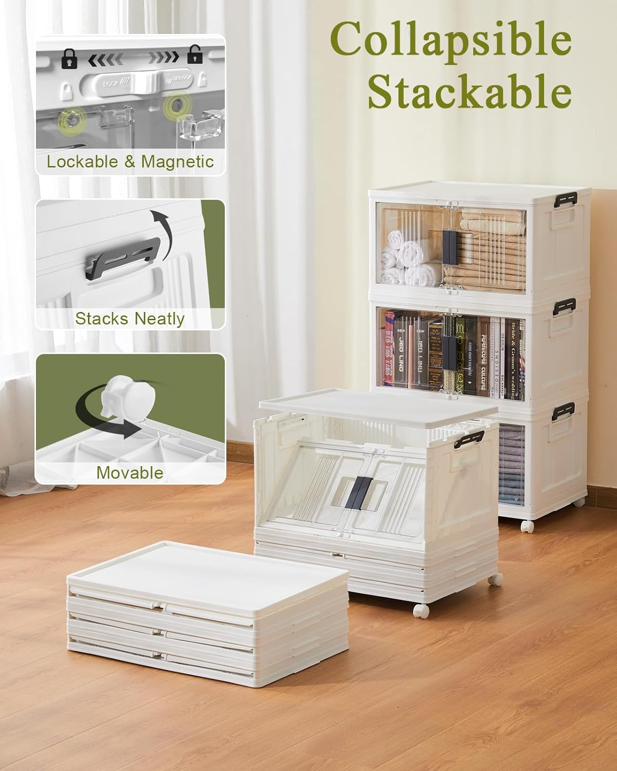 OlarHike 48QT Lockable Storage Bins - Collapsible Plastic Organizer with Lids & Wheels, 4-Pack