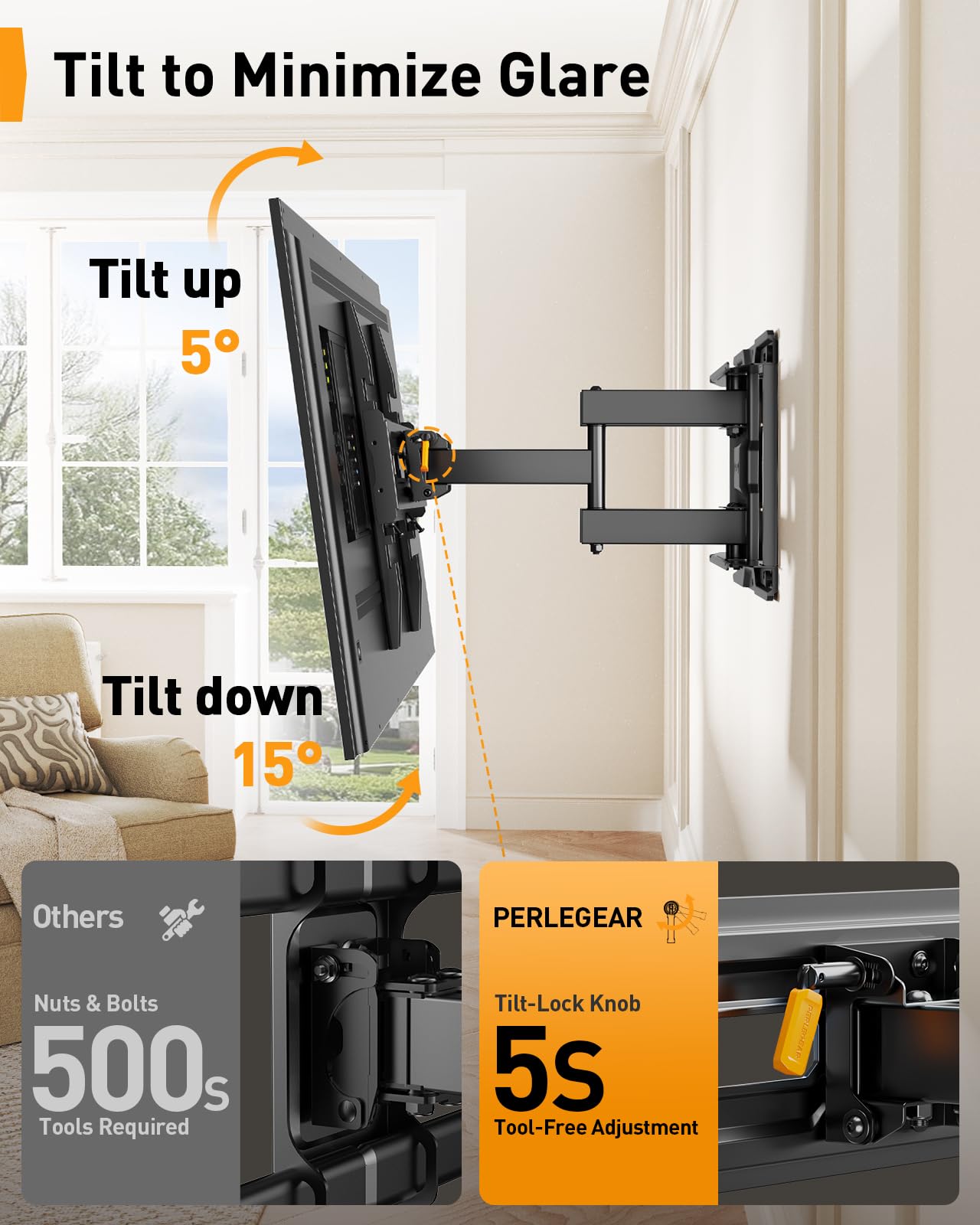 Perlegear Full Motion TV Wall Mount for 26-74 inch TVs, Height Adjustable TV Mount, Pre-Assembled Wall Mount TV Bracket with Tool-Free Tilt, Swivel, Fits 16” Studs, 99 lbs, Max VESA 400x400mm, PGMF21